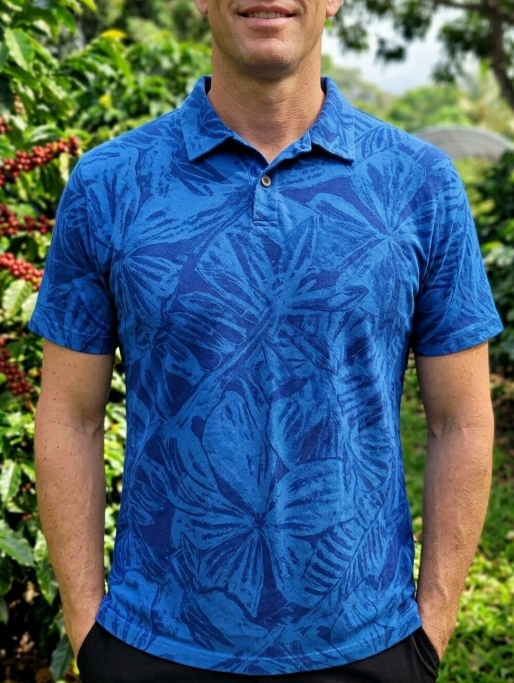 Monstera Cotton Knit Summer Polo XL - Crazy Shirts Tropical Hawaiian Blue Aloha